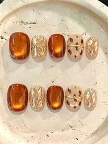 10 Pcs Short Square Press-On Nails, Amber Cat Eye With Gold Flakes & Light Coffee Leopard Print, Vintage Maillard Style Handmade Nail Tips For Autumn Winter Daily Commute, Date & Travel Photoshoot - Multicolor - View 1