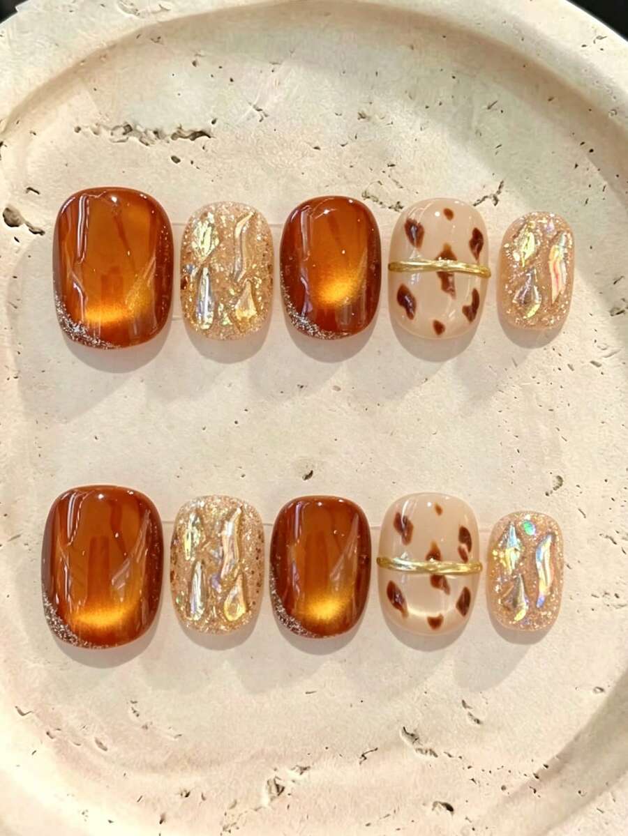 10 Pcs Short Square Press-On Nails, Amber Cat Eye With Gold Flakes & Light Coffee Leopard Print, Vintage Maillard Style Handmade Nail Tips For Autumn Winter Daily Commute, Date & Travel Photoshoot - Multicolor - View 1
