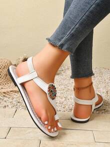 1 Pair Solid Color Elegant Fashion Casual Basic PU Leather Slip-On Flat Sandals For Outdoor And Indoor Summer - White - View 3