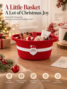 1pc Christmas Santa Rope Storage Basket For Home, Red & White Woven Organizer With Cute Santa Embroidery, Decorative Storage Bin With Handles For Bedroom, Kids Room, Living Room & Holiday Decor - Multicolor - View 7