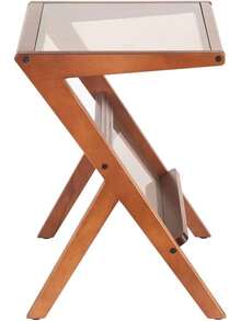 Mesa auxiliar en forma de Z, mesa auxiliar con parte superior de vidrio templado, mesa auxiliar moderna de madera maciza para sofá, sala de estar, mesa en Z, nogal - Negro - Ver 10