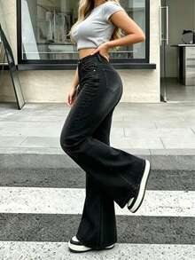 American Style Premium Black High-Waisted Slim Fit Flared Jeans - Black - View 4