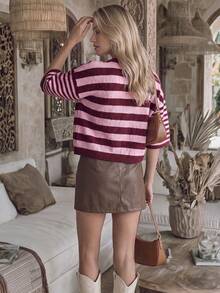 NiceArt Women's Crew Neck Color Block Stripe Short Sleeve Knit Cardigan, Button Front Cropped Relaxed Fit, Sweet Preppy For Fall Winter Office Daily Outfit - Multicolor - View 2