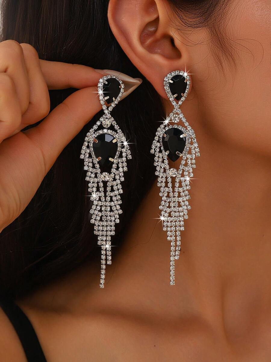 1 Pair Water Drop Crystal Tassel Pendant Earrings, Copper Tassel Earrings, Wedding Bridal Ball Party Evening Jewelry - Black - View 1