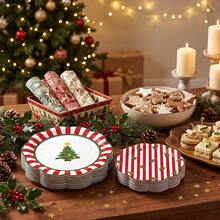 10/20/50pcs Christmas Tree Wavy Edge Disposable Paper Plates, 7 Inch And 9 Inch, Red And White Striped Fan Edge Christmas Dinner Plates, Christmas Eve Family Dinner, Holiday Office Party, Winter Solstice Dinner Tableware - Multicolor - View 2