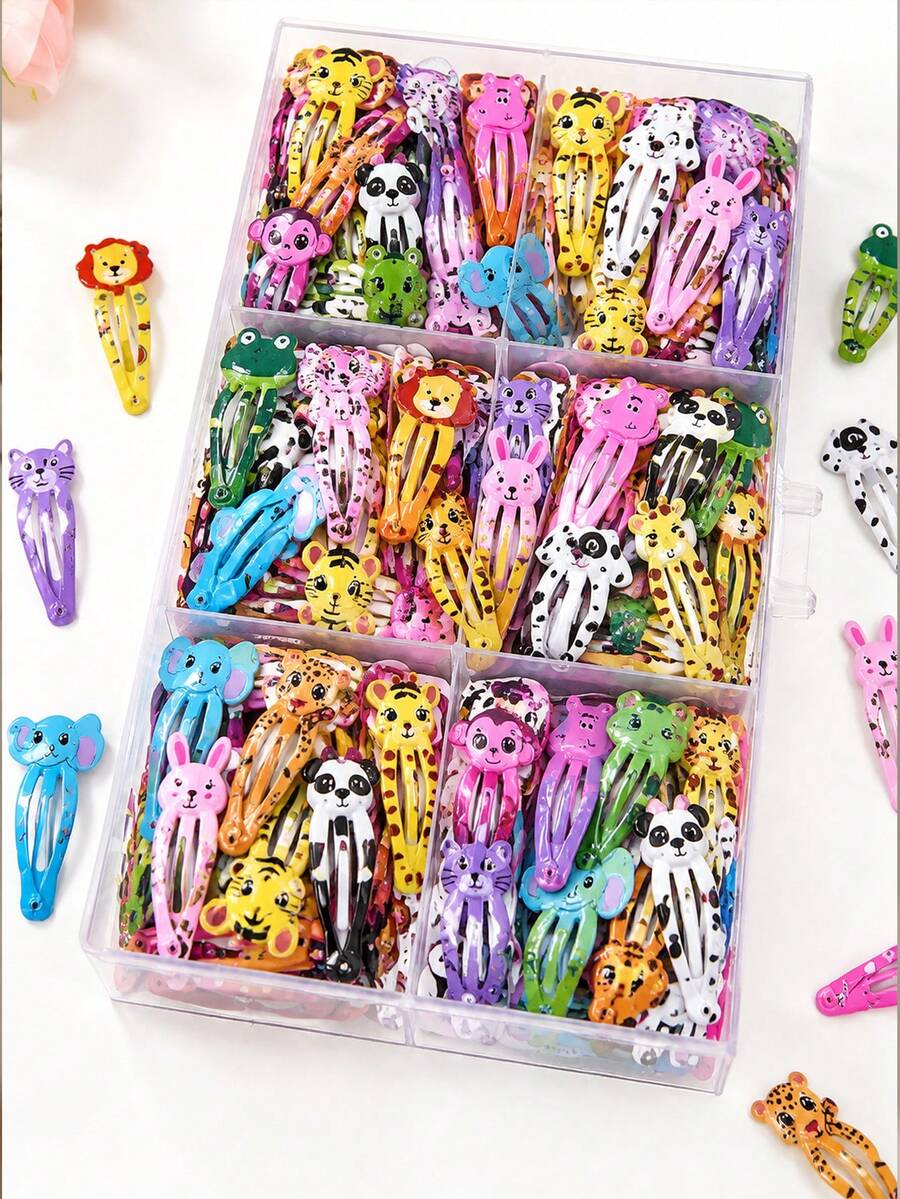 20Pcs Girls Cute Cartoon Animal BB Hair Clips Set, Random Mixed Animal Patterns, Toddler Hair Accessories For Daily & Party Use - Multicolor - View 1