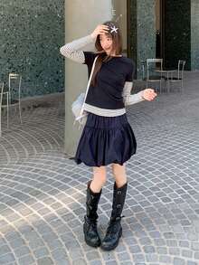 Atasan Kaos Wanita Kasual 2 In 1 Motif Patchwork Lengan Panjang Lapisan Dasar Bergaris - Navy Blue - View 7