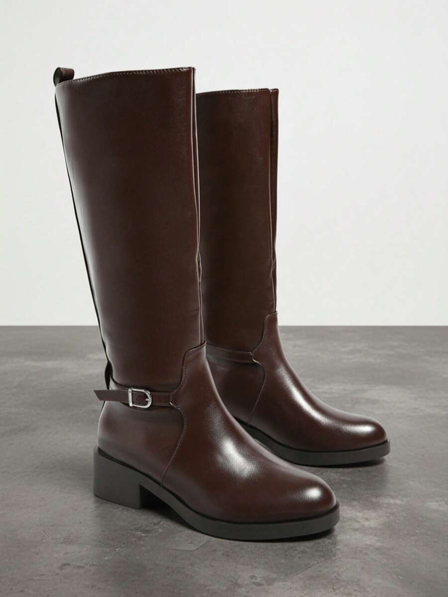 Women's Plus Size Dark Brown Round Toe Knee-High Riding Boots, Ankle Metal Buckle Strap Slip-On Low Chunky Heel Tall Boots, Suitable For Daily Commute Autumn/Winter Outfits - Brown - View 1