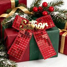 Custom Exquisite Red Sequin Bow Accessory, Custom Gold Name Tag, Holiday Gift Packaging, Christmas Theme Party Home Decor Small Item, Custom Bow Pendant - Multicolor 2 - View 6