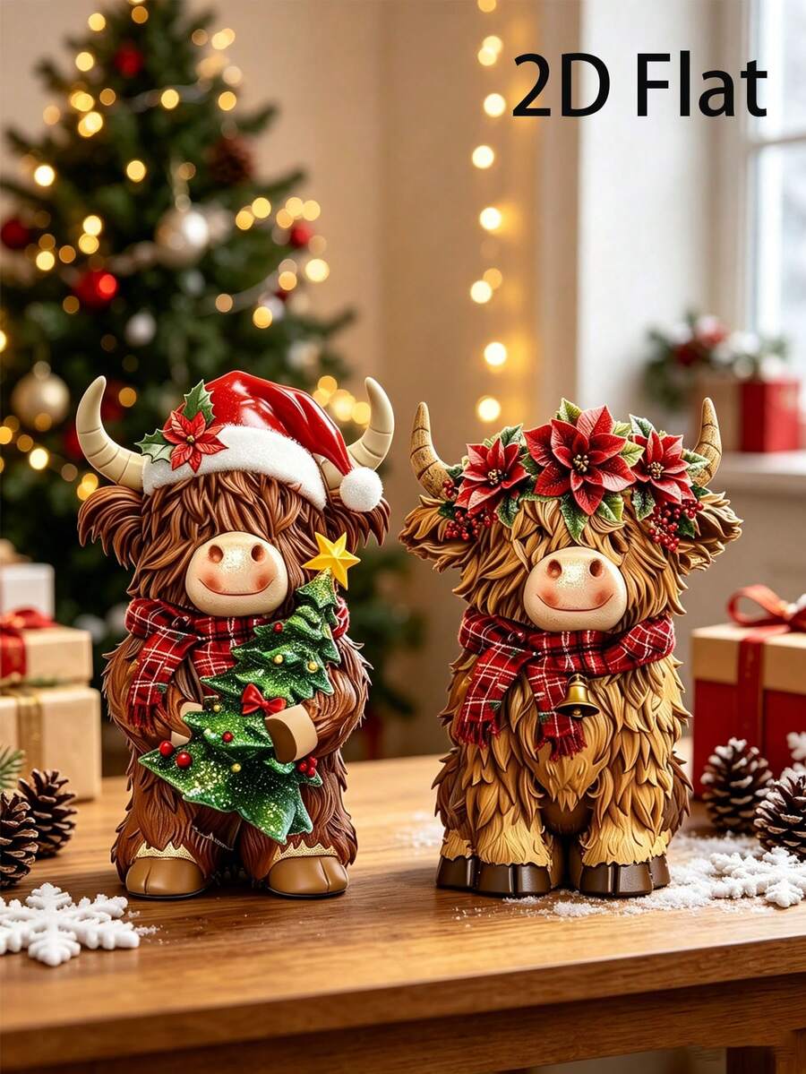 Christmas Highland Cow Figurine – Scottish Style Cow Decor With Christmas Hat – Suitable For Home, Kitchen Or Office Desk Holiday Tabletop Decoration – Christmas Gift For Cow Lovers - Multicolor - View 1