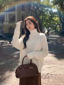 Women's Winter High Neck Ribbed Knit Pullover Sweater, Loose Long Sleeve High Elastic Warm Top, Suitable For Autumn/Winter Wear - White - View 6