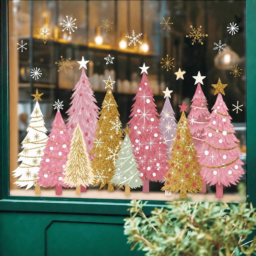 3pcs Christmas Window Stickers Yellow Green Gold Christmas Tree Snowflake, Christmas Home Window Decoration - Multicolor - View 1