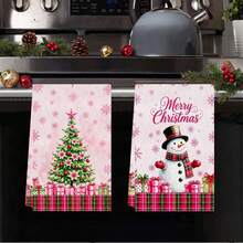 2pcs Dish Cloths, Winter Kitchen Towels, Seasonal Microfiber Dish Cloths With Pink Romantic Christmas Tree And Snowman Design, Snowflake Plaid Decor, Seasonal Gift Home Decor, 40 X 60 Cm Kitchen Towels - Multicolor - View 7