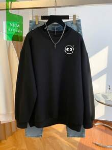 Niche Minimalist Little Coal Ball Cartoon Logo Print Black Crew Neck Sweatshirt Women Autumn Loose Fit Slimming - Black - View 5