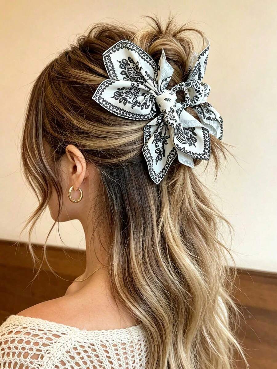 1pc Women's Paisley Print Large Bow Hair Clip, Vintage Headscarf Pattern Elegant Hair Accessory, Suitable For Daily, Party, Vacation, All Seasons - Multicolor - View 1