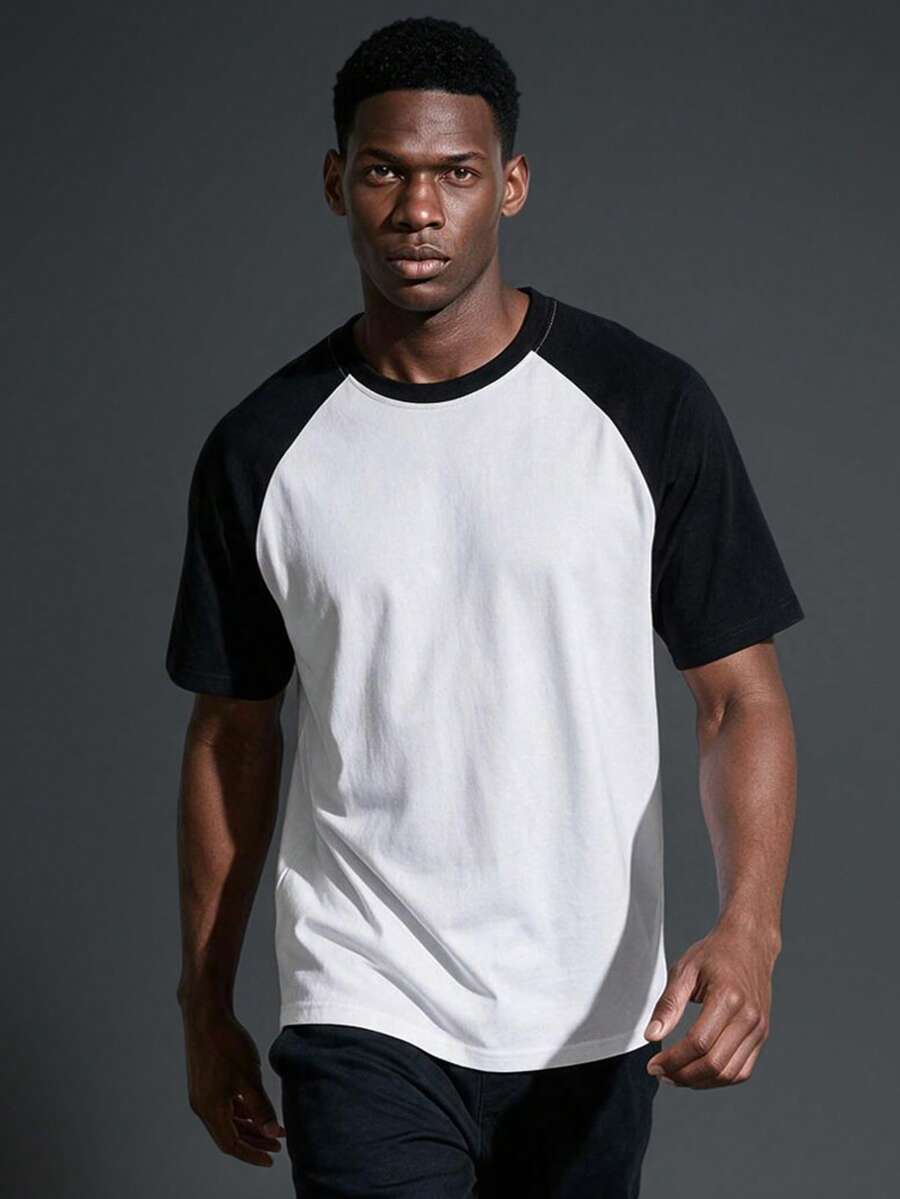 Camvyn Casual & Fashionable! Men's Summer Breathable Contrast Color Raglan Sleeve Loose Short Sleeve T-Shirt - White - View 1