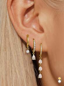 1/3pcs 18K Gold-Plated Dainty Waterdrop Cubic Zirconia Ear Stud & Huugie Hoop Earrings, Allergy-Friendly Stackable Earrings, Earrings Set For Women - Multicolor - View 2