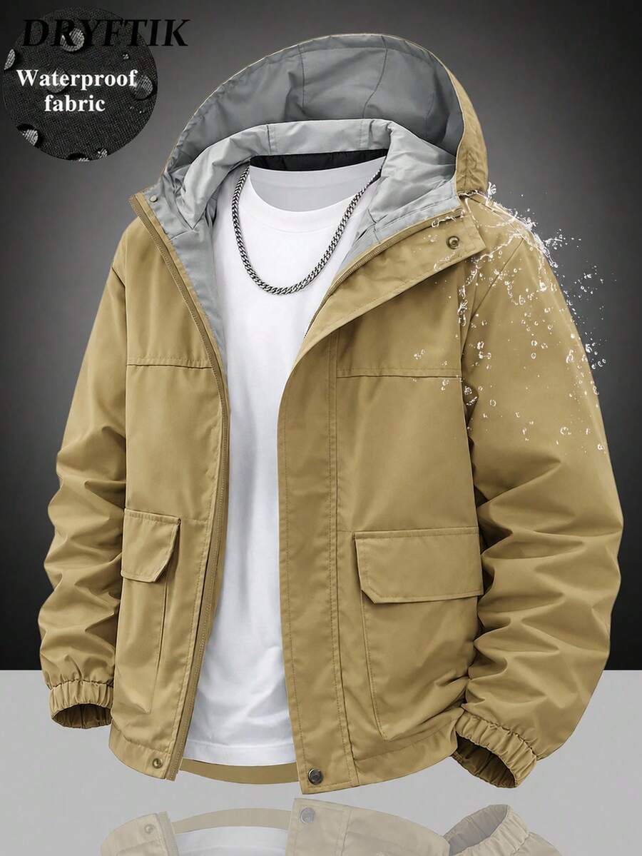 Jaket Kasual Pria Minimalis Warna Polos dengan Tudung, Resleting Halus & Kancing Jepret, Tahan Angin & Tahan Lama, Pas Nyaman dengan Potongan Rapi, Jaket Pria Serbaguna untuk Musim Semi/Gugur - Khaki - View 1