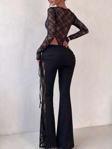 Women's Solid Color Casual Elegant Commute Minimalist Fashion Drawstring Lace Elastic Flare Leg Pants, Suitable For Daily Outings, Dating, Office Commute And Various Occasions - Black - View 6