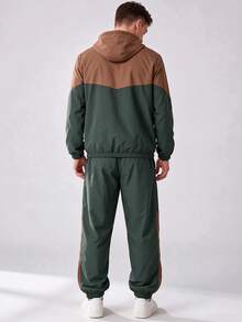 1 Set Men's Colorblock Hooded Woven Sportswear, Contrast Zipper Jacket & Joggers, Streetwear Casual 2 Pieces Set, Suitable For Spring And Autumn - Army Green - View 2