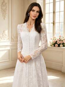 Elegant White Lace Wedding Dress With Train - White - View 11