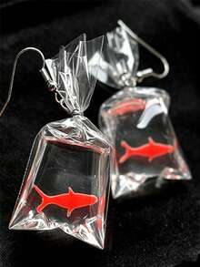 1 Pair Fashion Creative Casual Transparent Resin Fish Bag Pendant Earrings, Minimalist Novelty Fun Japanese Style Cool Shark Ocean Theme Ear Jewelry - Water Bag Fish - View 2