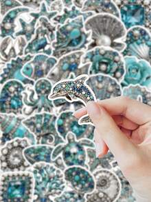 54 Pcs Aesthetic Printed Ocean Jewel Vinyl Stickers, Sea Life Rhinestone Pattern Waterproof Decals, Journaling Sticker Set For Scrapbooks Water Bottles Phone Cases For Coastal Beach Lovers - Ocean Decor - View 2
