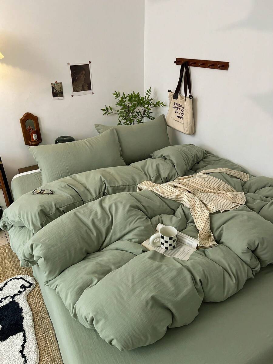 薄荷綠純色親膚磨毛被套3件套(1件被套 + 2件枕套,不含填充物),可機洗,四季通用,適合臥室,柔軟舒適 - 深薄荷綠 - 查看 1