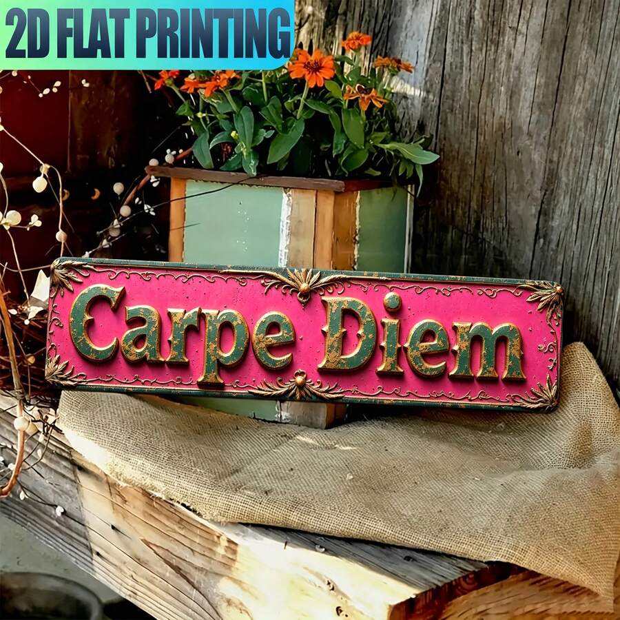 A 2D Flat Sign With Vintage Latin Phrase "Carpe Diem" - Designed In Pink, Green, Blue Retro Country Style, Suitable For Home, Cafe, Bar, 2D Flat (Random Style) - A - View 1