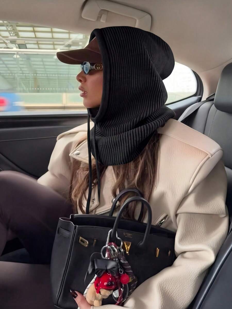 1pc Women's Balaclava Hat With Drawstring Detachable Collar, Wool Blend Warm Neck Gaiter Ski Mask, Outdoor Warm Face Mask Scarf Hat, - Black - View 1