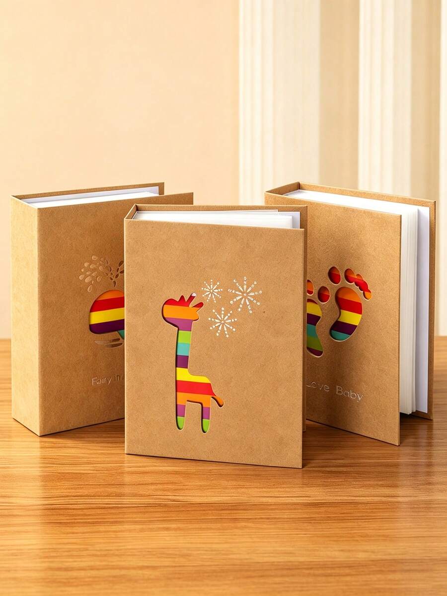 1pc Colorful Hollow Cowhide Paper Photo Album, Decorated With Giraffe, Whale, Eiffel Tower Patterns. Inner Pages Are Insertable White Pages, Can Hold 100 Large Size Laminated Photos (Size 10.16*15.24cm) - Multicolor - View 1