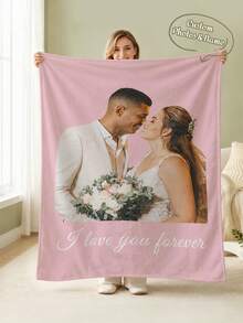 1pc Pink Minimalist Wedding Photo Customized Blanket, Add Photo And Confession Text Flannel Blanket, Wedding Room Decor Autumn/Winter Thickened Memorial Gift Nap Blanket - Multicolor - View 1
