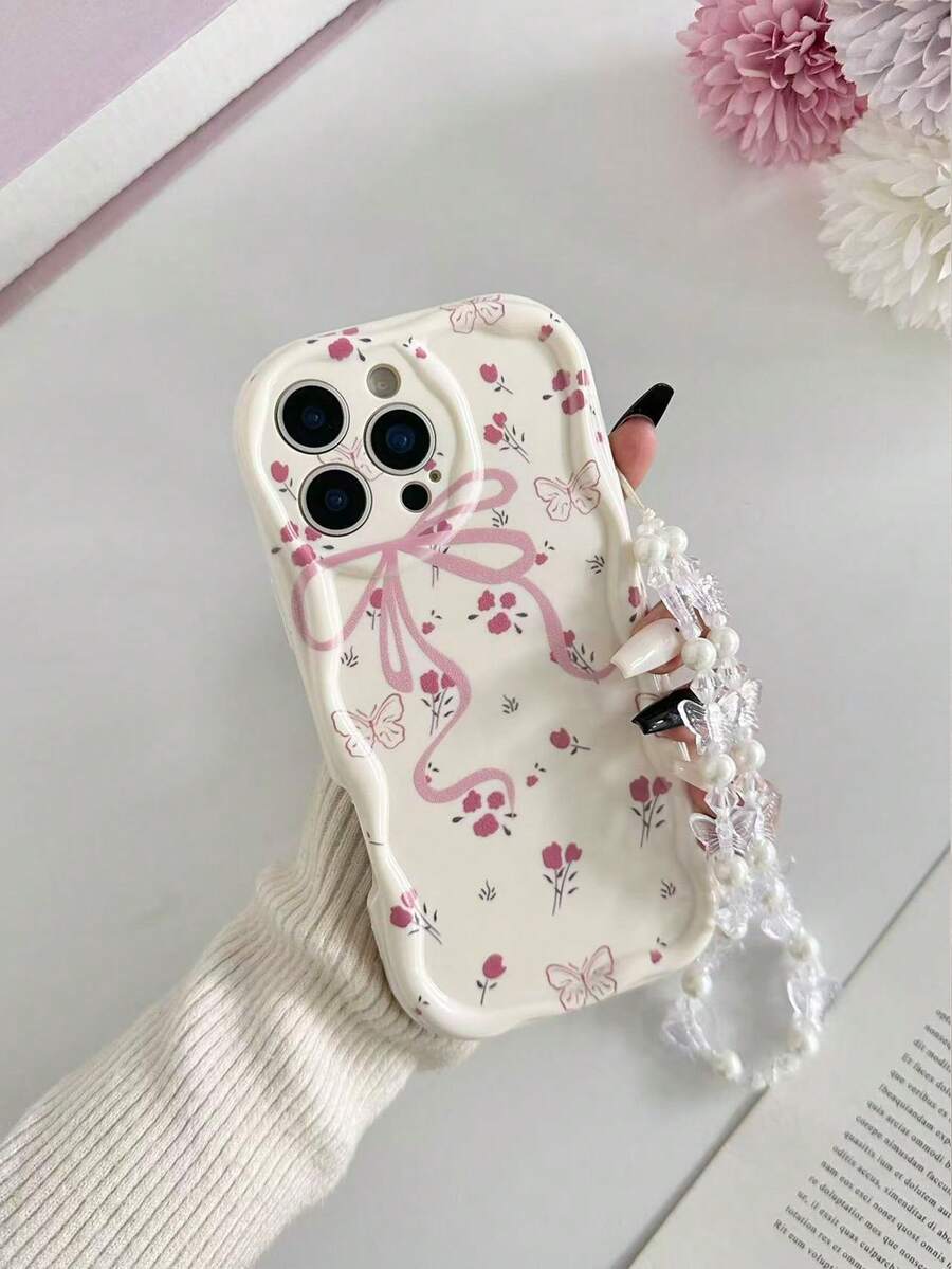 扭曲波浪邊極簡高級 TPU 蝴蝶與花卉彩繪防震手機殼 保護套 附手工串珠手鍊配件，適用 16/11/16 Pro/16 Plus/16 Pro Max/16e/15 Pro Max/13/14/12/XS/XR/7G/8PXR/7/8，彩繪軟殼，適用 15 Pro Max/Apple 13/14/Apple 11/P12/X，扭曲波浪邊 12/14 彩繪 TPU 防震軟殼手機殼