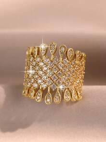 1pc Elegant Gold Wide Band Mesh Inlaid Full Cubic Zirconia Sparkling Bridal Ring, Suitable For Wedding Ceremony, Banquet, Bridal Photography, Party, Daily Wear And Gift - Golden - View 2