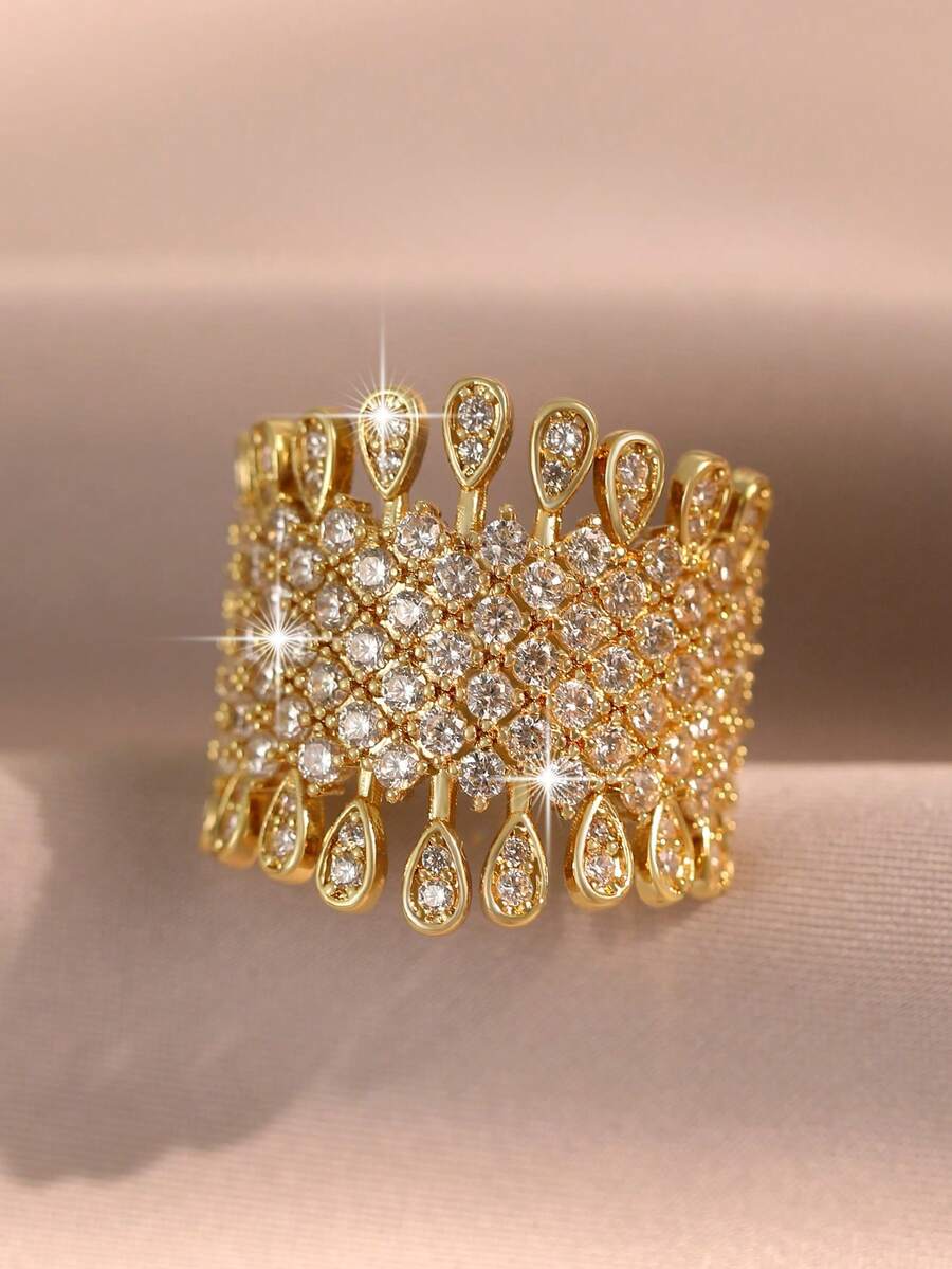 1pc Elegant Gold Wide Band Mesh Inlaid Full Cubic Zirconia Sparkling Bridal Ring, Suitable For Wedding Ceremony, Banquet, Bridal Photography, Party, Daily Wear And Gift