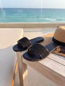 Women's Wavy Pattern Open Toe Slip-On Sandals Anti-Slip Flat Casual Slides - Black - View 4
