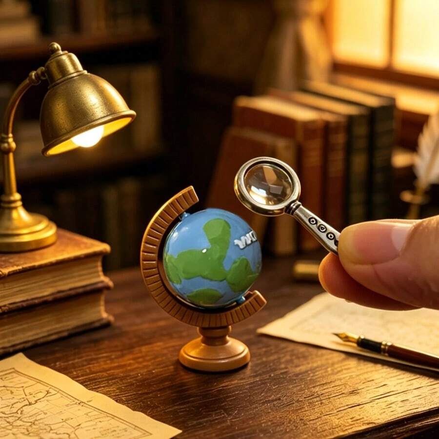 2pcs 1:12 Scale Miniature Rotating Globe & Magnifying Glass Model Set, Dollhouse Decor Accessories, Mini Scene Photography Props, Miniature Vintage Desk Ornament, Mini Gift Recommendation - A - View 1