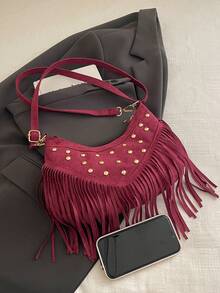 Shoulder Bag With Curved Body, Metal Rivet Decoration And Long Tassel Design, Adjustable Shoulder Strap For Easy Carrying. Moderate Capacity To Store Daily Essentials, Western Vintage Style Suitable For Daily Outings, Effortlessly Enhancing Overall Outfit Style. - Red - View 5