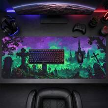 1pc Gothic Cemetery Print Extended Mouse Pad, Green Purple Dark Fantasy Keyboard Desk Mat, Halloween Desktop Decor - View 3