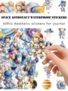 50Pcs Space Astronaut Stickers Pack, Waterproof PVC Cartoon Galaxy Astronaut Decals For Journal Water Bottle Laptop Decor - Multicolor - View 4