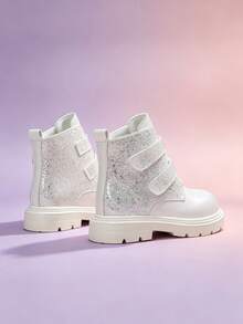 1 Pair Girls' White Boots, Shiny Upper With Decorative Pattern, Hook And Loop Closure, Round Toe, Non-Slip Thick Sole, Sweet Cool Princess Style, Suitable For Daily Wear, School, Festivals, Parties, Performances, Outdoor, Autumn/Winter New - White - View 7