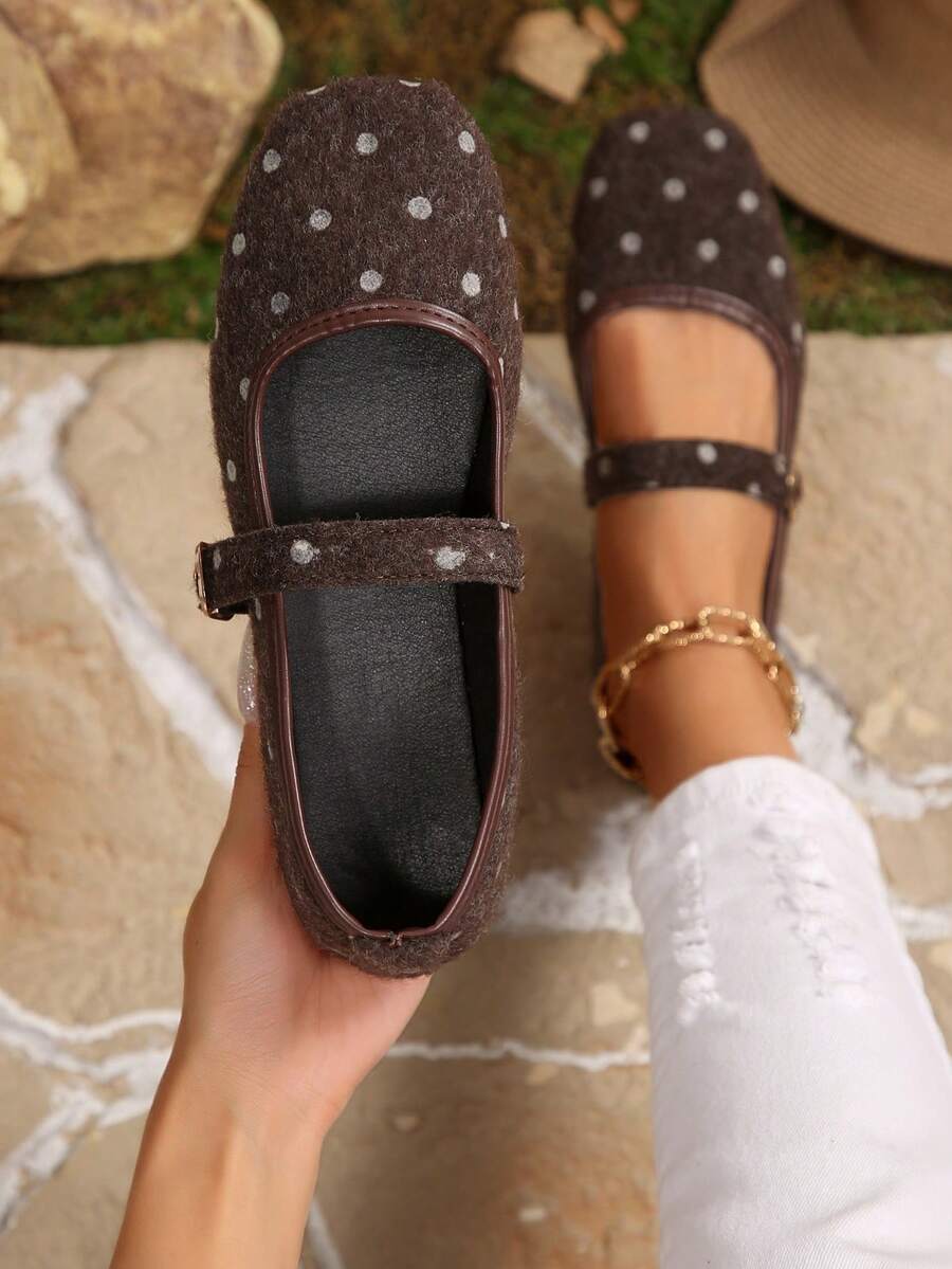 Women's Coffee Brown Suede Polka Dot Flat Mary Jane Shoes With Single Strap, Versatile Fashion Daily Wear - Coffee Brown - View 1