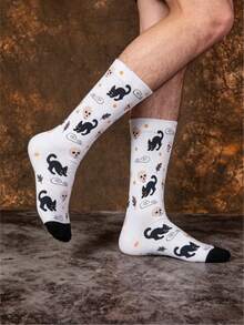 1/3 Pairs Street Style Jacquard Mid-Calf Socks, Black Cat & Skull Cute Quirky Creative Design, Fun Halloween Gift - Multicolor - View 5