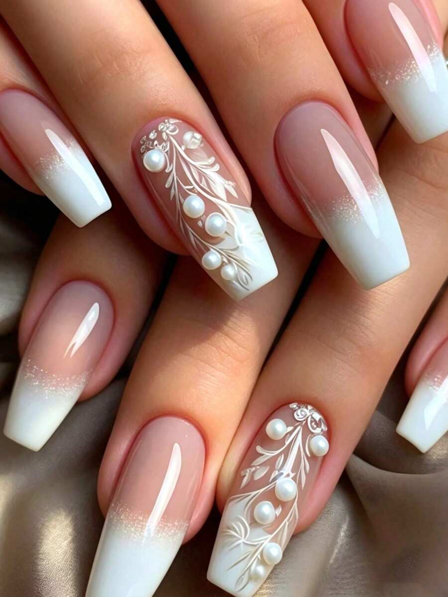 24 Pcs Long Coffin French Pink White With Grass And Pearl Reusable Acrylic Press-On Nails Y2K Style With 24 Adhesive Tabs And Mini Nail File