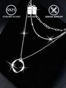 1pc Luxury S925 Sterling Silver 3-Layer Stacked Mobius Necklace, Gold & Silver Color, Women's High-End Collarbone Chain - Silver - View 4