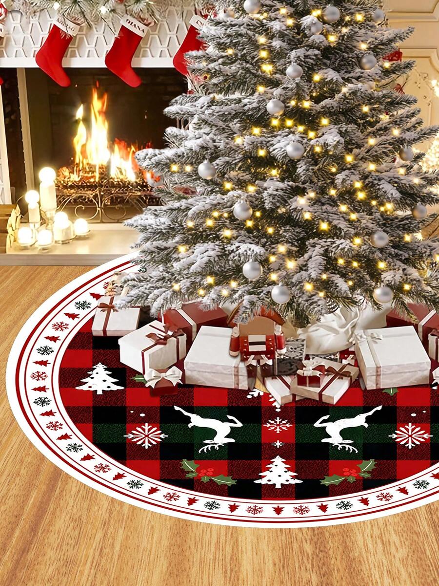 1pc Christmas Tree Skirt, Black White Red Plaid Reindeer Theme, Round Base, 60/90CM Diameter Optional; Suitable For Winter Party And Home Holiday Decoration, Ideal Christmas Tree Decor. - Multicolor - View 1