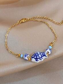 1Pc Hand-Painted Blue And White Ceramic Fish Bracelet, Gold Stainless Steel Chain, Boho Vacation Jewelry,Daily/Party,Christmas Birthday Gift/Halloween - Multicolor - View 2