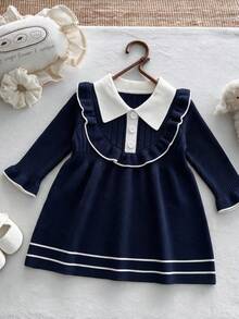 Baby Girl Colorblock Lapel Long Sleeve Patchwork Ruffle Cute Knit Dress - Blue - View 1