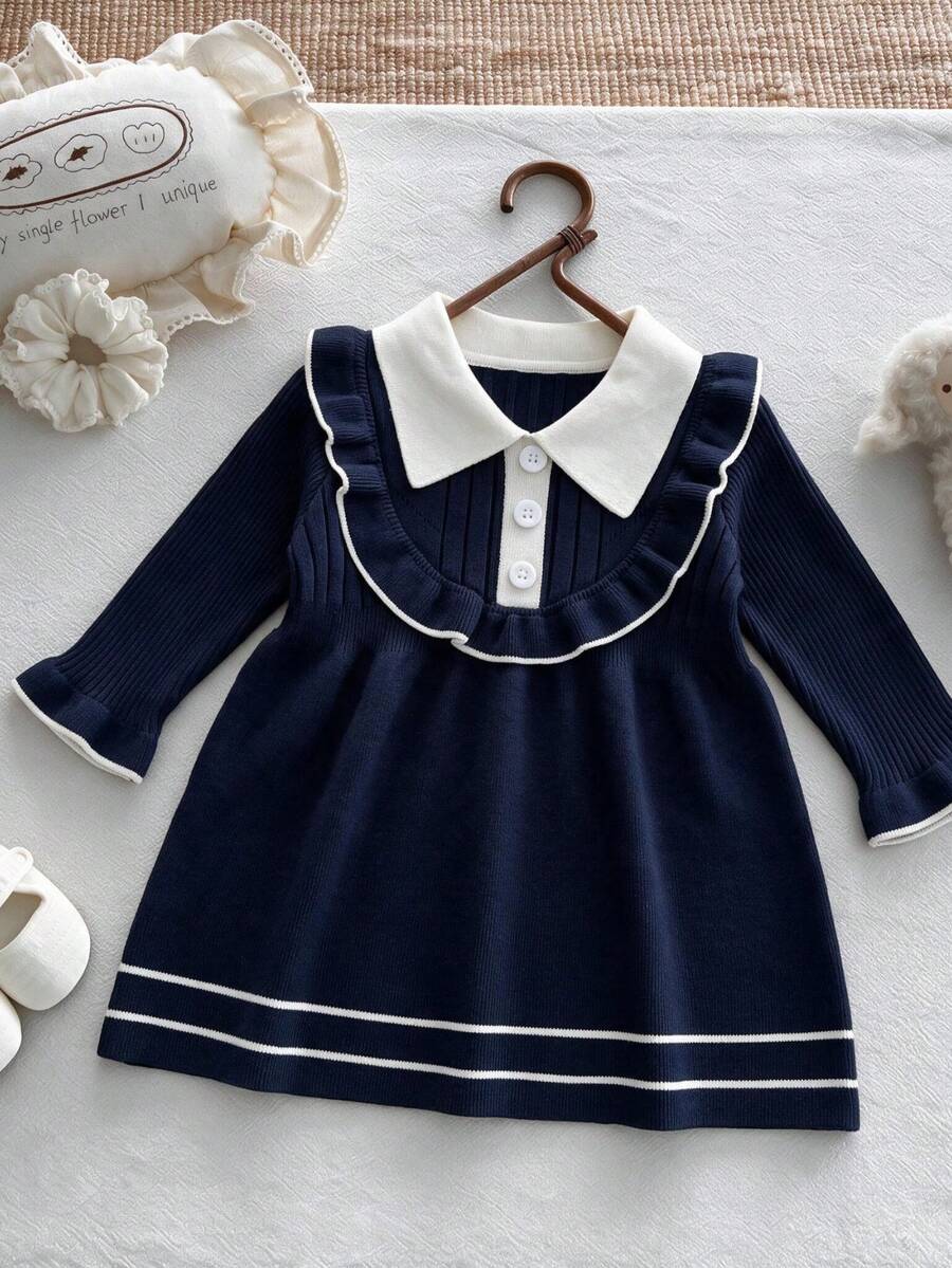 Baby Girl Colorblock Lapel Long Sleeve Patchwork Ruffle Cute Knit Dress - Blue - View 1