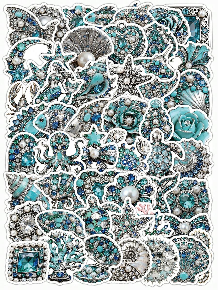 54 Pcs Printed Ocean Jewel Stickers Pack, Sea Creature Rhinestone Gems Pattern Vinyl Waterproof Decals, Seashell Starfish Mermaid Turtle Stickers For Journal Water Bottle Phone Case Laptop, Coastal Beach Decor Sticker Pack For Teens Girls Women - Ocean Jewelry - View 1